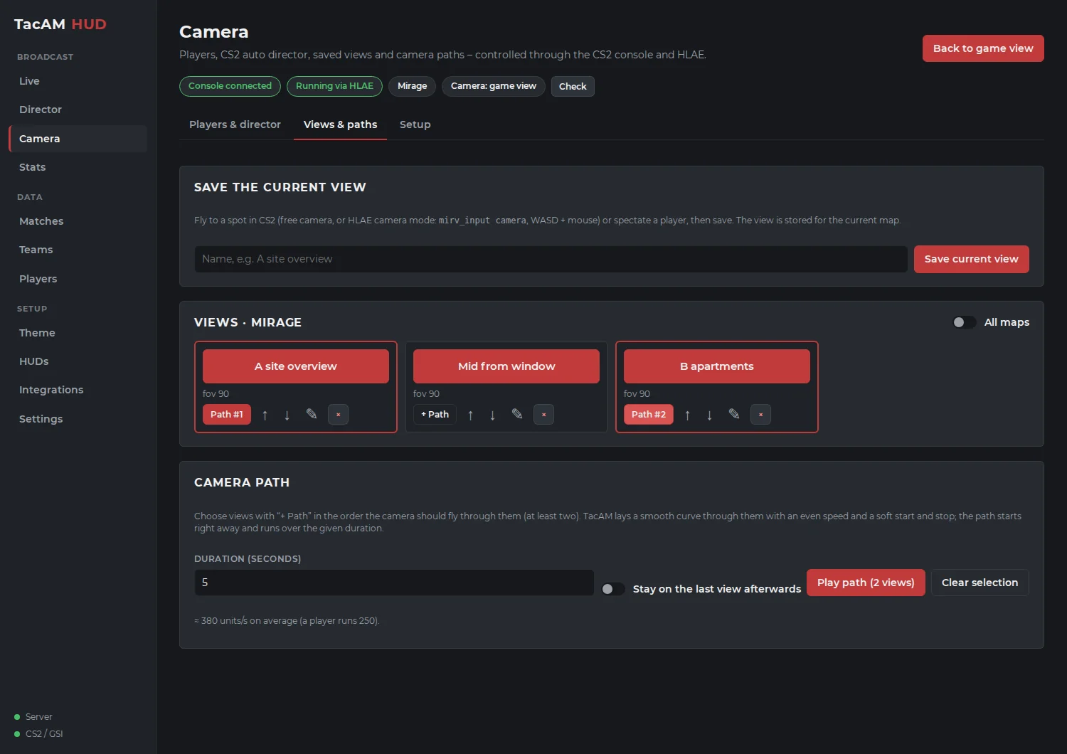 Camera page with saved views and camera paths